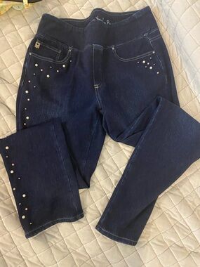 Belle by Kim Gravel Dark Blue Stretch Jeggings with Pearl Studs